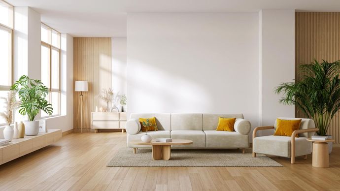Modern living room with a light beige sofa, armchair, coffee table, and wooden accents. 