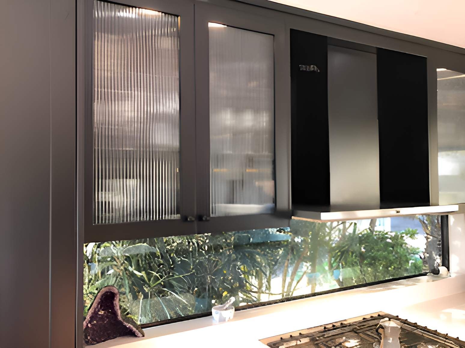 A Kitchen With Black Cabinets And A Large Window — Alstonville Kitchens In Ballina, NSW