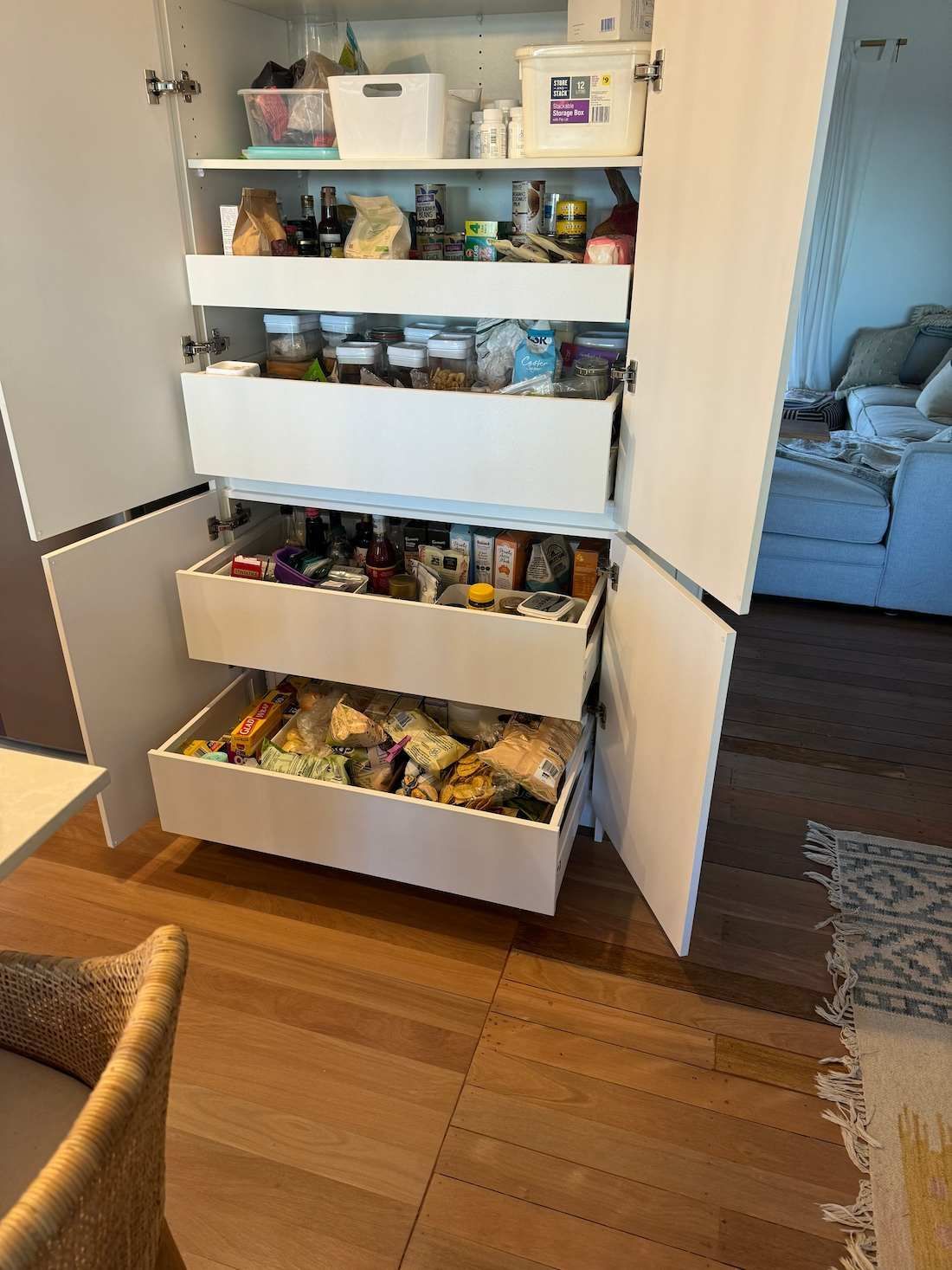 A Pantry With Drawers And Shelves Filled With Food In A Living Room — Alstonville Kitchens In Byron Bay, NSW