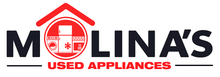 Logo for Molina's Used Appliances: red house and circle with appliances, dark letters.