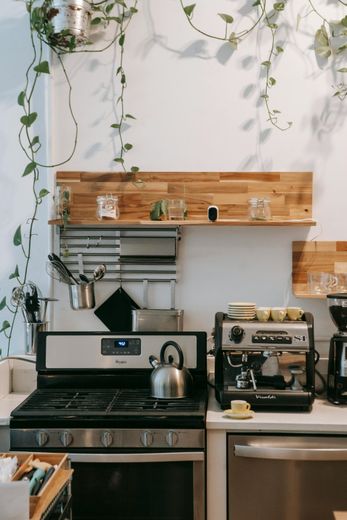 Kitchen with espresso machine, stove, shelves, and hanging plants.