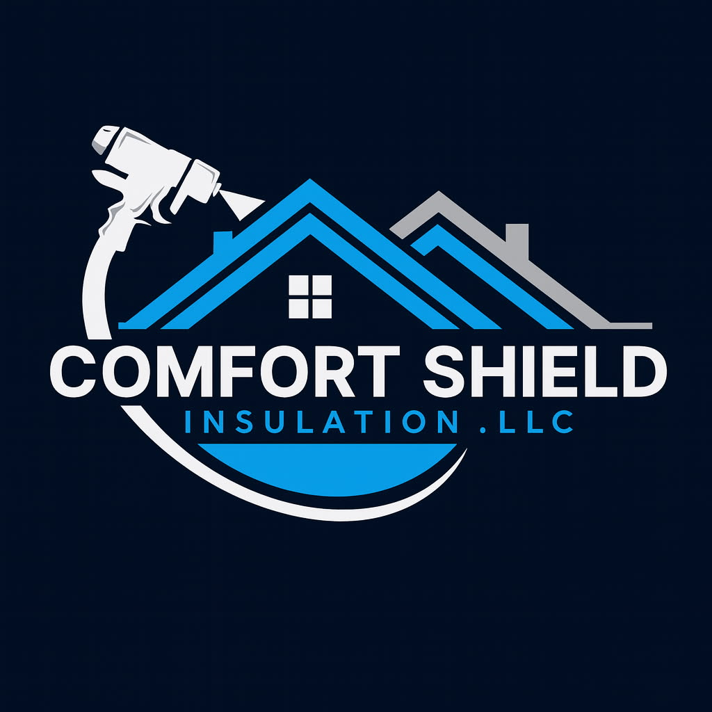Comfort Shield insulation LLC Logo. You can see a house with a spray foam hose around the house. 