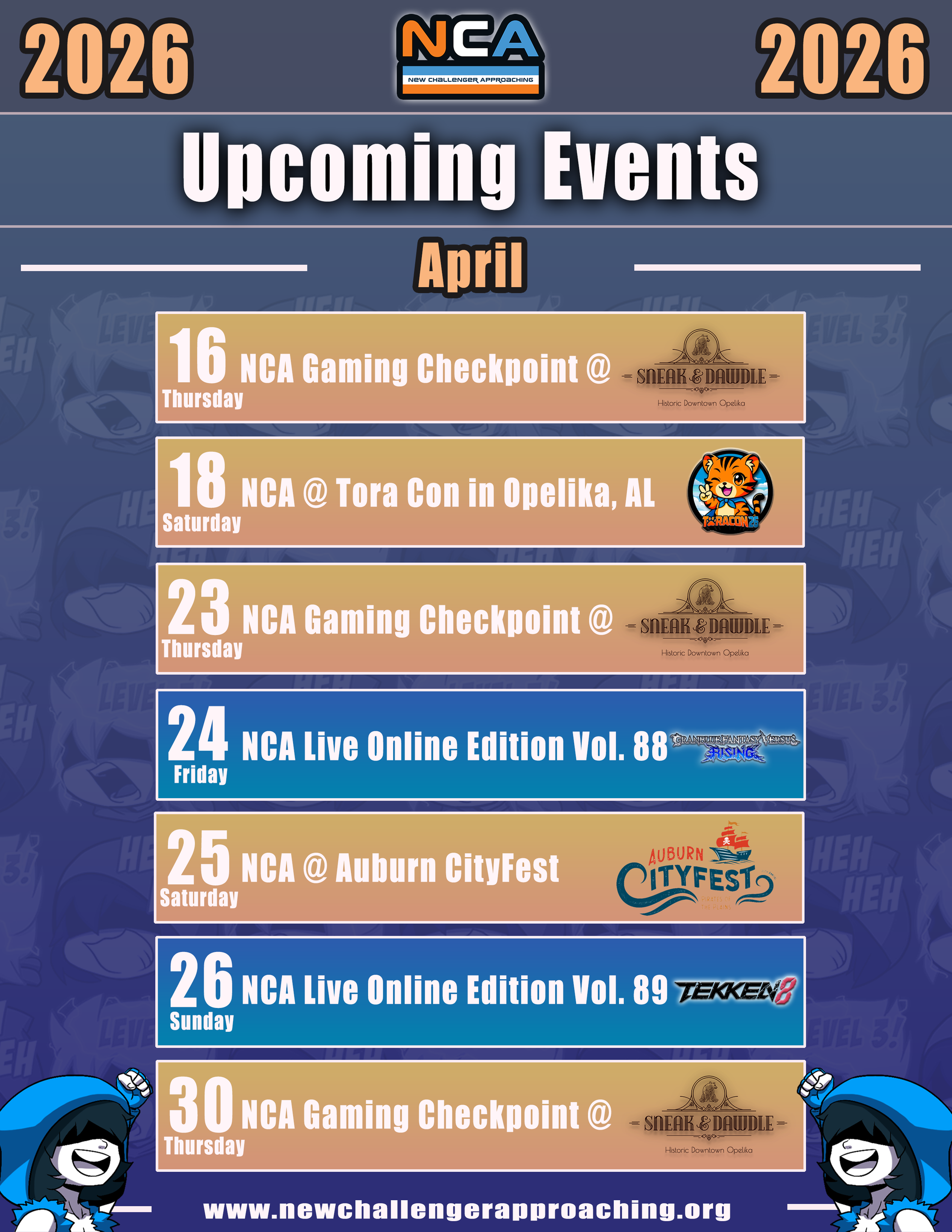 A calendar for February 2026 listing upcoming NCA events. Events include gaming checkpoints and online editions.