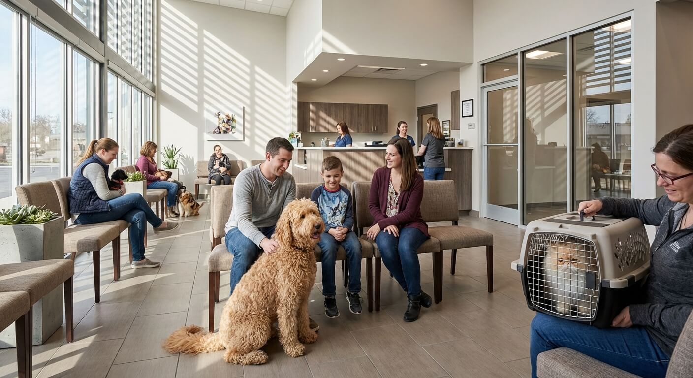 People with pets waiting in a light-filled vet clinic. A dog sits with a family, a cat in a carrier.