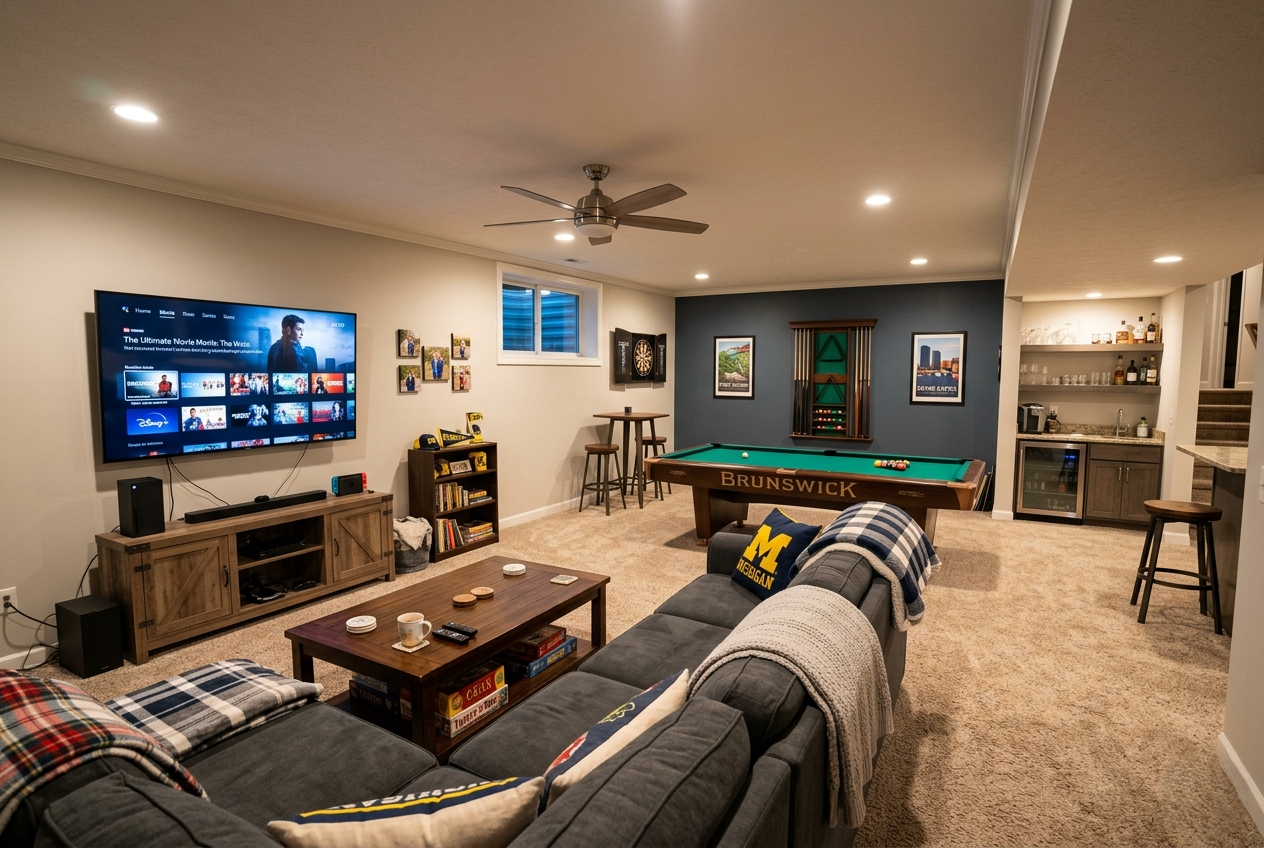 Finished basement rec room with pool table and wet bar setup.