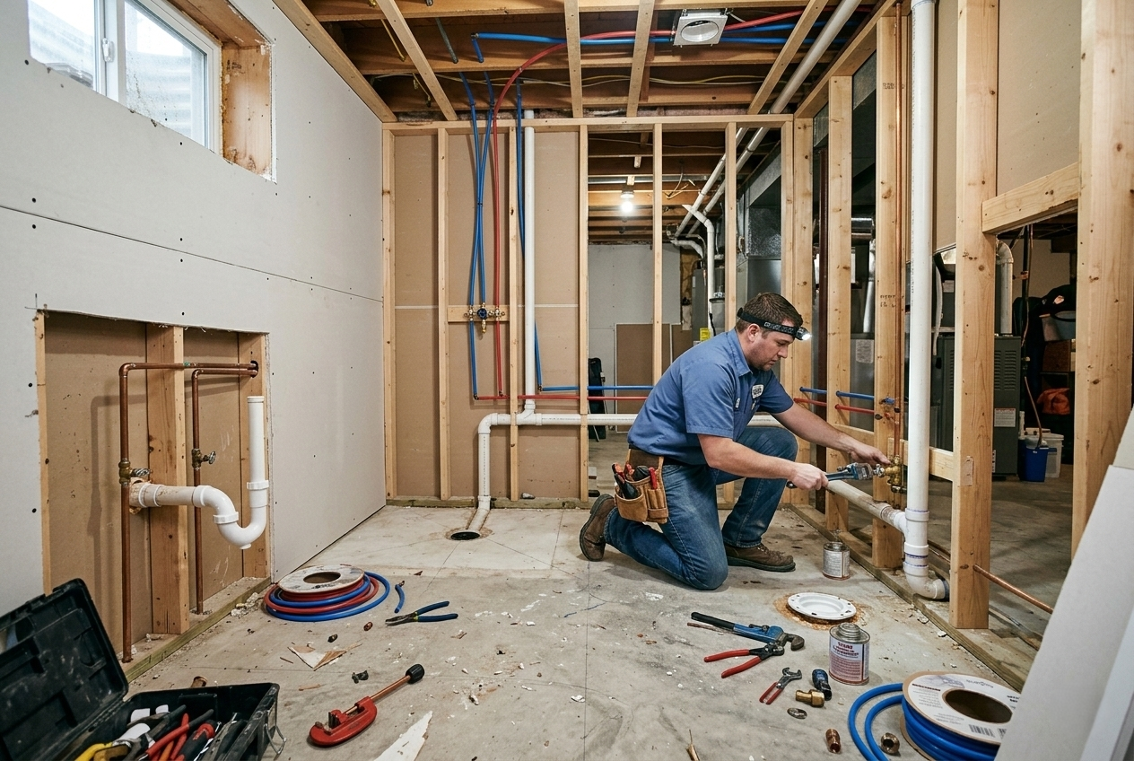 Plumber installing a basement bathroom upflush system in a Grand Rapids home under construction.