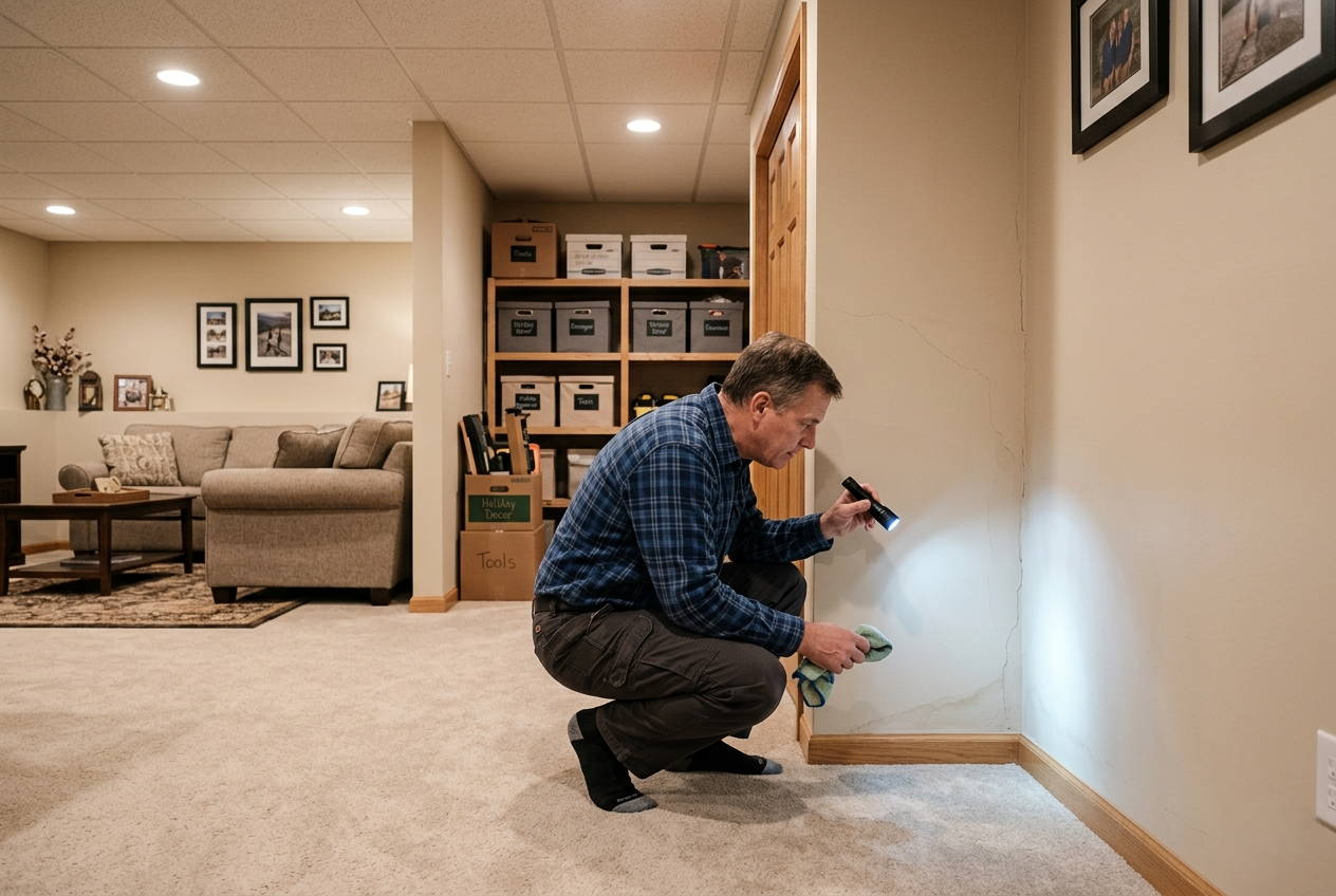 A homeowner checking a basement wall for seasonal maintenance.