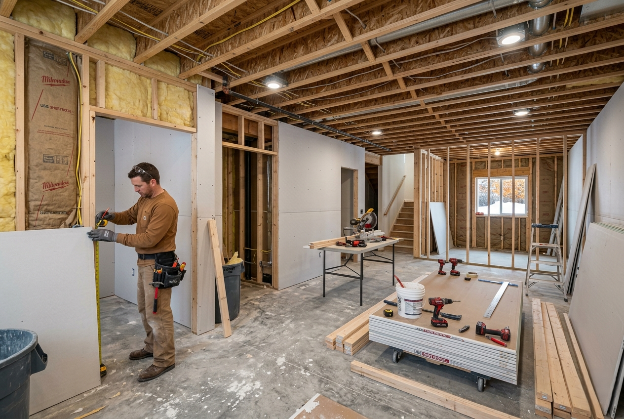 Contractor installing drywall during a basement finishing project.