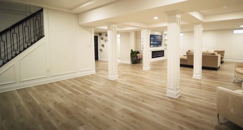 Laminated basement flooring for a modern look.