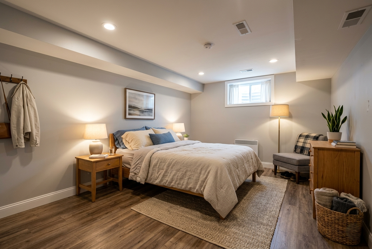 Cozy basement guest room in Grand Rapids, MI with warm lighting.