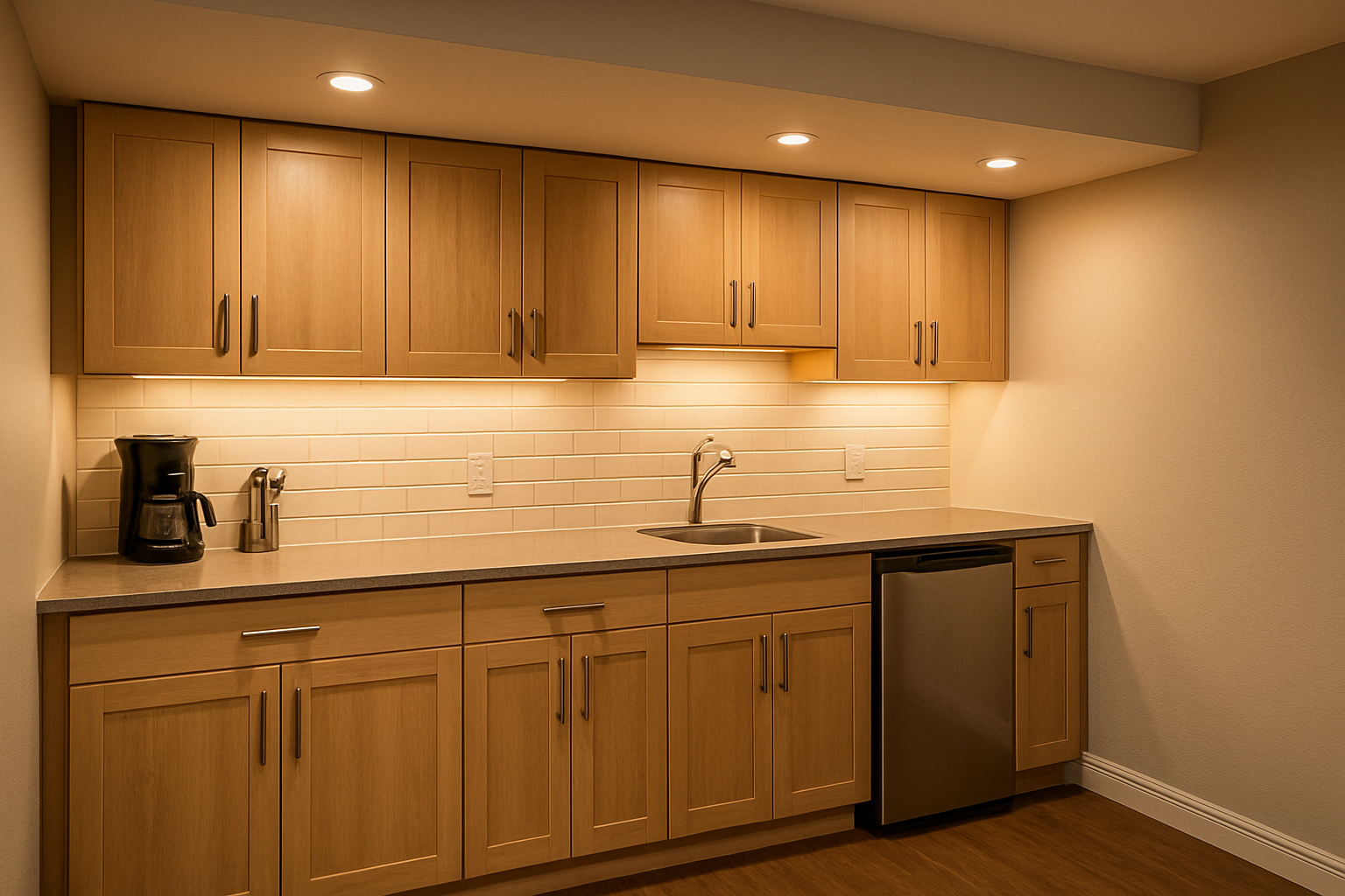 Modern basement kitchenette with wooden cabinets and stainless steel sink