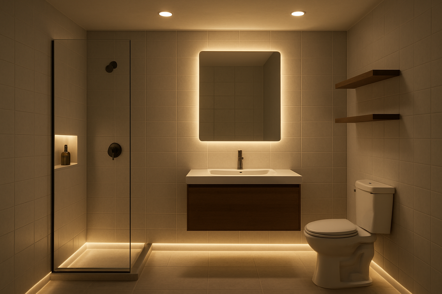 Windowless basement bathroom with glass shower and soft lighting