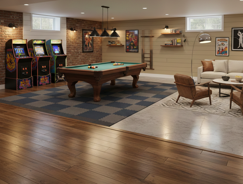 Basement game room with pool table and interlocking checkerboard rubber flooring