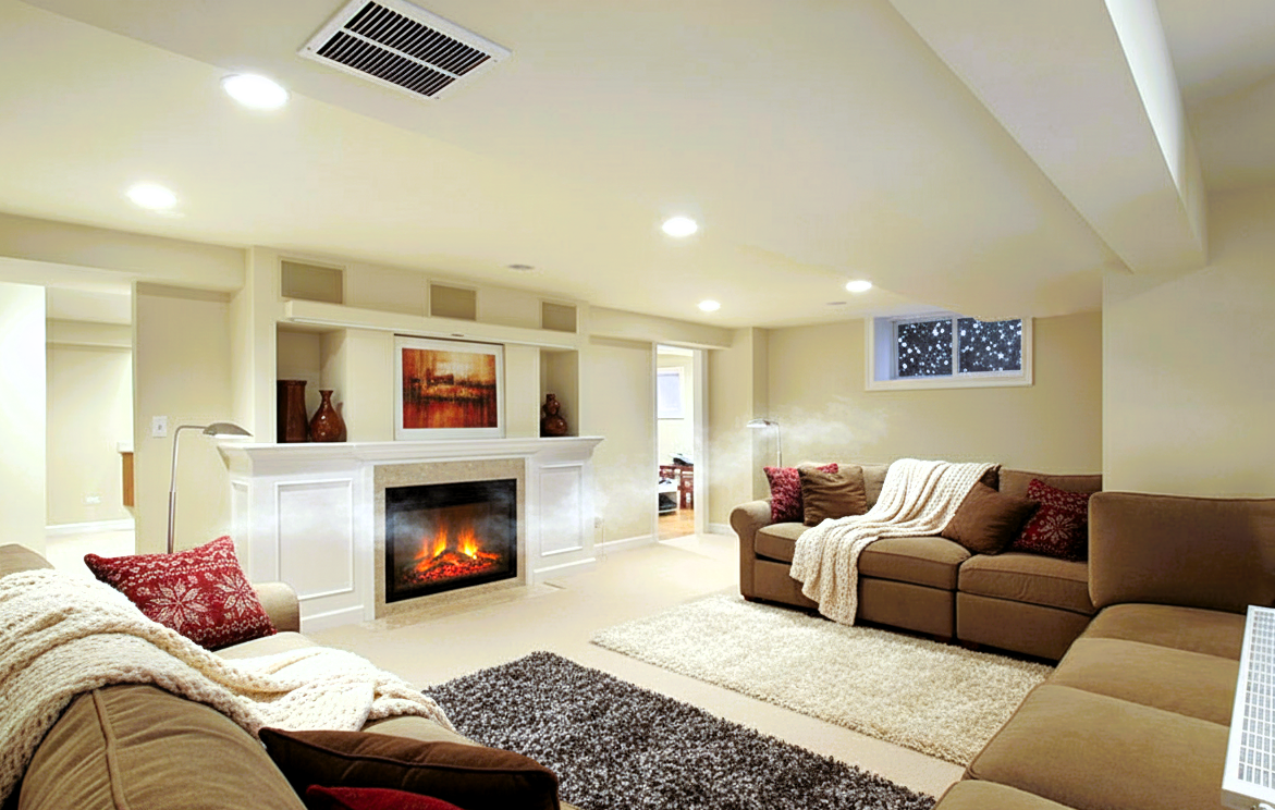 Basement living room with fireplace and heating vent