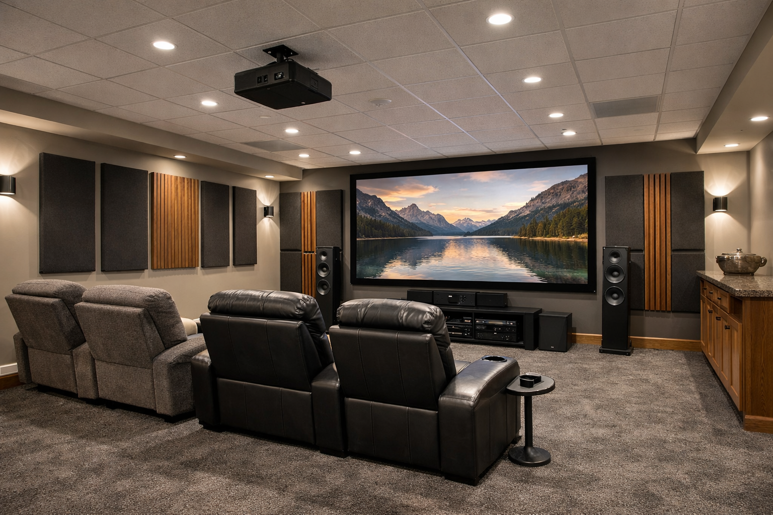 Modern basement home theater with acoustic wall panels and leather seating for soundproofing.