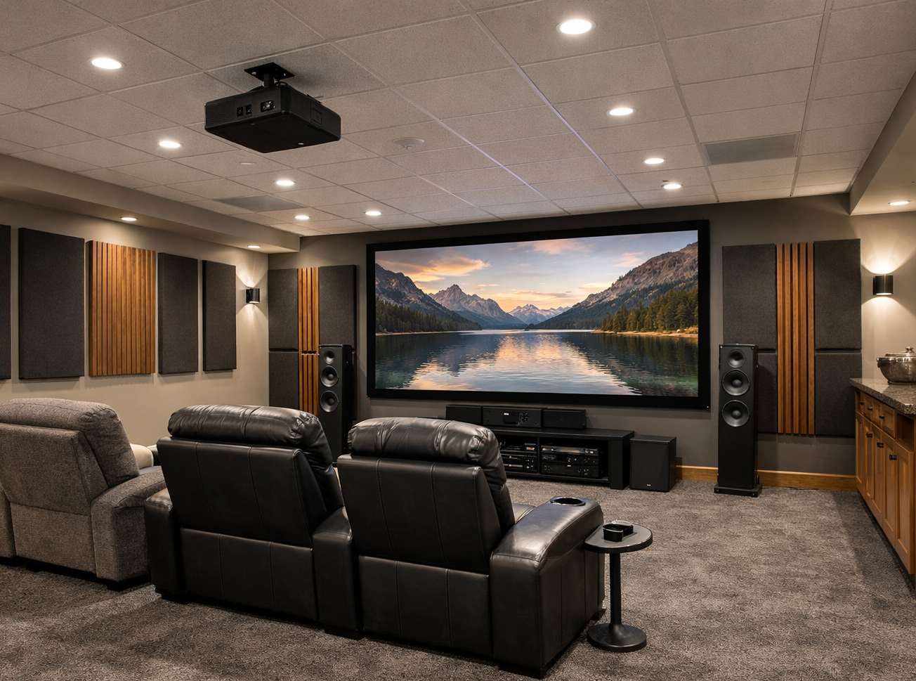 Modern basement home theater with acoustic wall panels and leather seating for soundproofing.