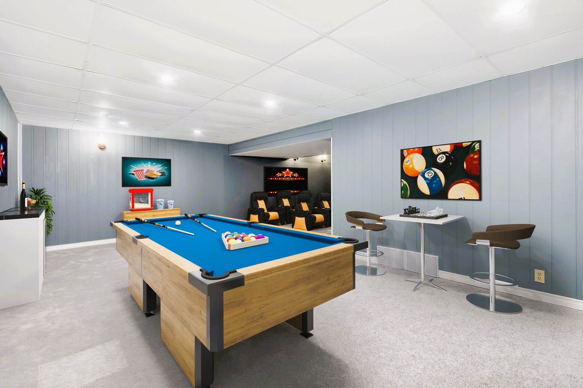 Stylish basement rec room with a blue pool table, seating, and vintage decor