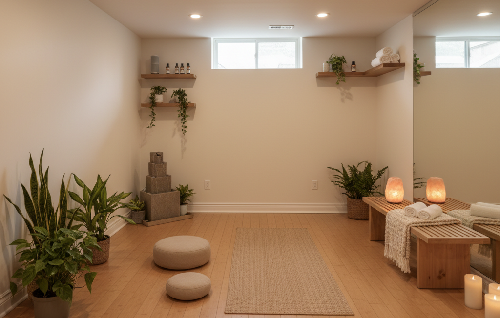 Bright basement yoga and meditation studio with wood floor and potted plants