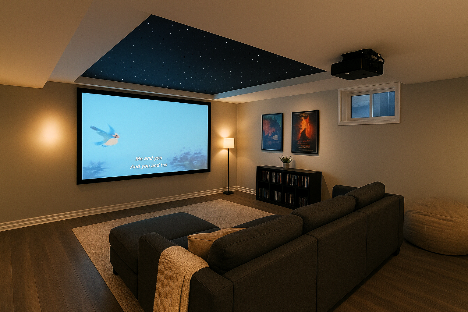 Basement home theater with projector, star ceiling, and cozy sectional sofa