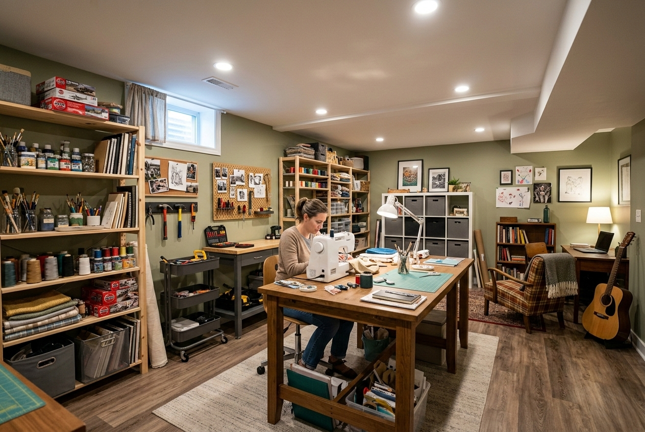 Woman working in a creative basement craft room and sewing studio in Grand Rapids.