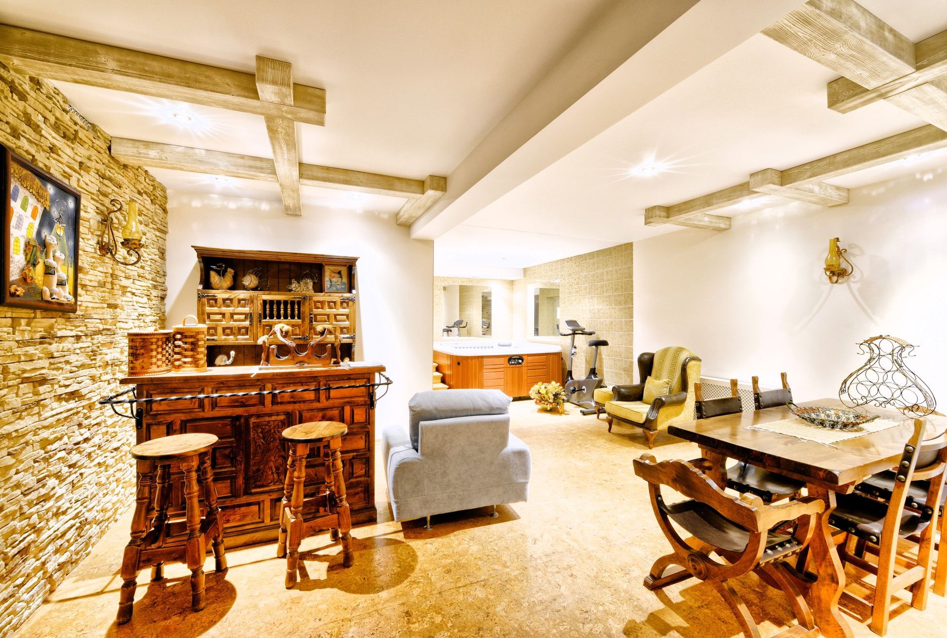 Bright, cozy basement interior with wooden furniture and stone accents.