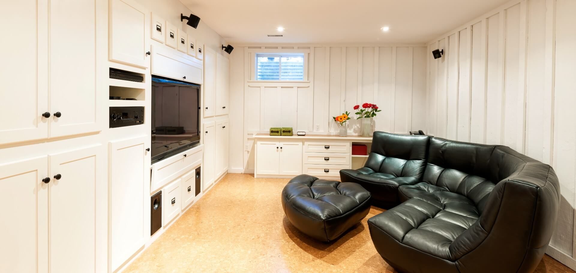 A cozy but delightful home theater in your basement for you and your family