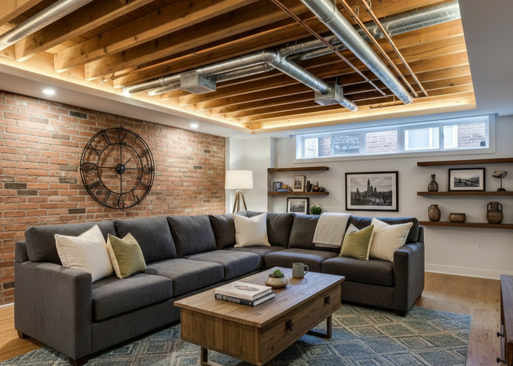 Finished basement living room with exposed wood ceiling joists and HVAC ductwork