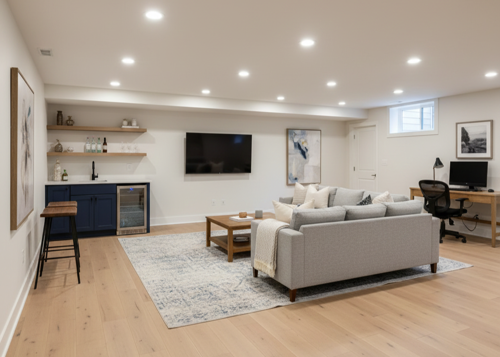 Modern newly finished basement living area with dry bar and light wood floors.