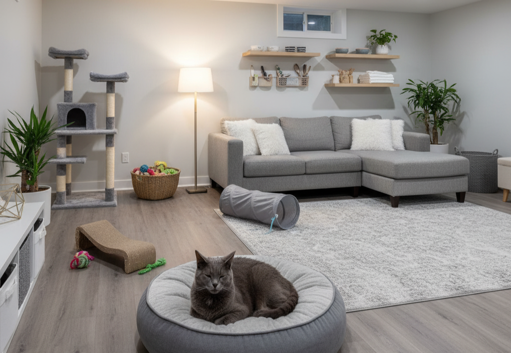 Pet-friendly basement with a cat, cat tree, gray sofa, and modern decor.