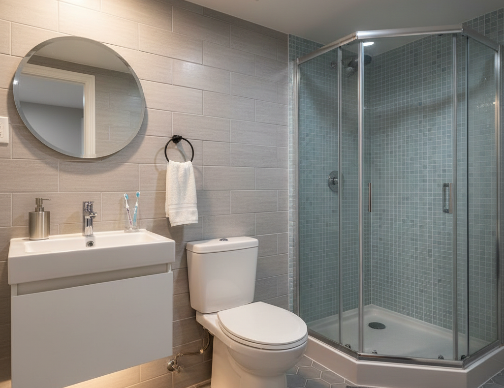Modern small basement bathroom with gray subway tiles, white floating vanity, and corner glass showe