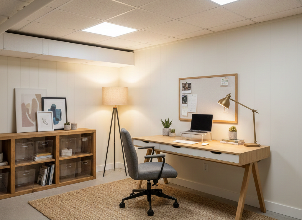 Bright, modern workspace in a windowless Grand Rapids basement using strategic lighting.