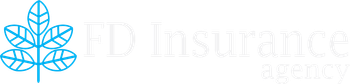 FD Insurance Agency logo featuring a blue leaf illustration and white text.