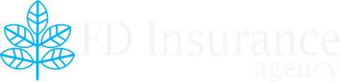 FD Insurance Agency logo featuring a blue leaf illustration and white text.
