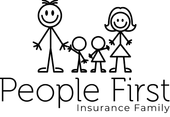 Stick figure family: father, mother, two children, holding hands, smiling. "People First Insurance Family" logo.