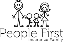 Stick figure family: father, mother, two children, holding hands, smiling. "People First Insurance Family" logo.