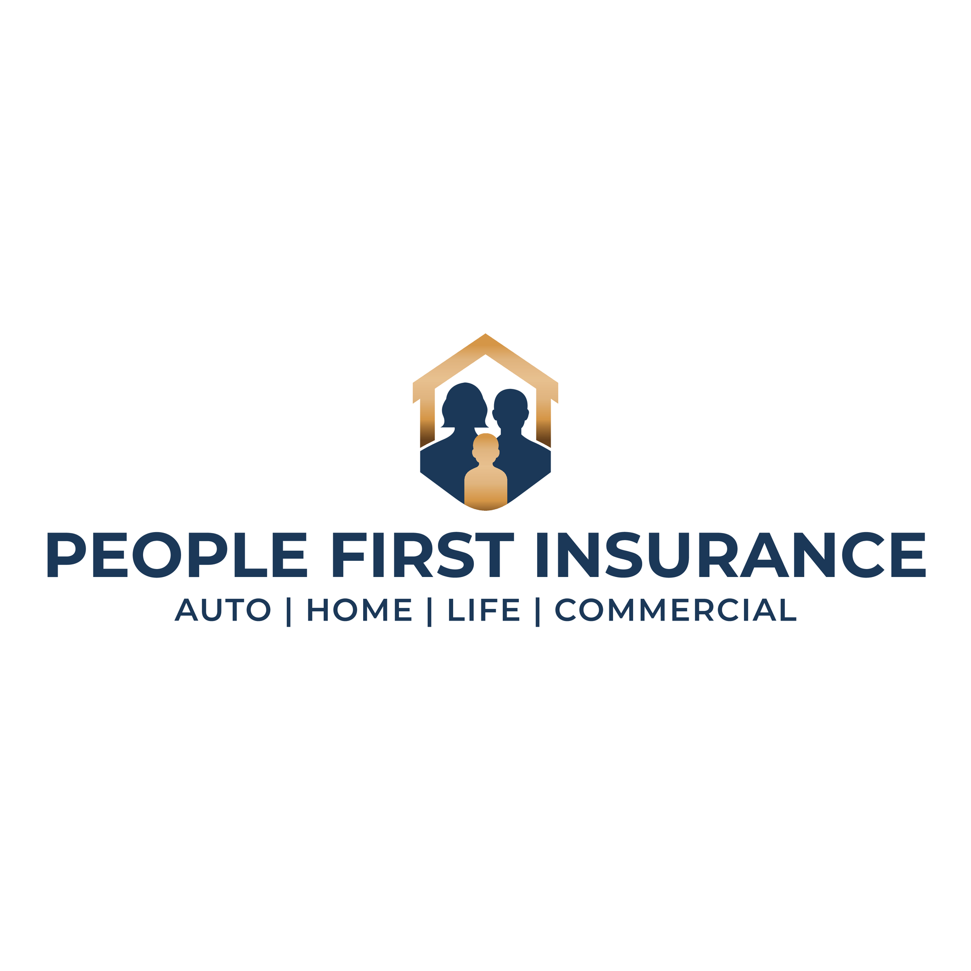 Stick figure family: father, mother, two children, holding hands, smiling. "People First Insurance Family" logo.