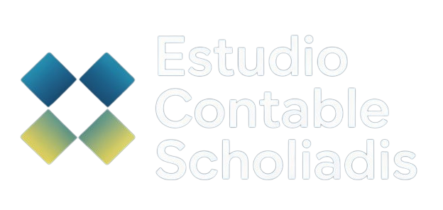 Un logotipo para el estudio contable scholadis con cuadrados azules y verdes.