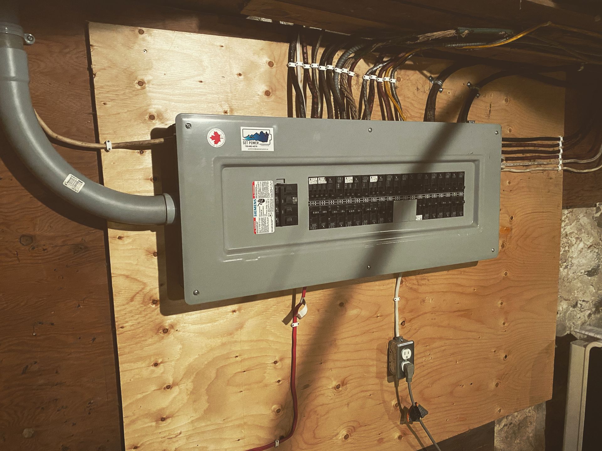 Gray electrical panel mounted on plywood in a basement. Wires and conduit visible.