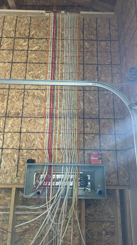 Electrical panel with numerous wires and conduits installed on a wooden wall.