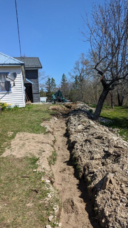 A long trench dug alongside a house, with a pile of dirt and a blue sky in the background.