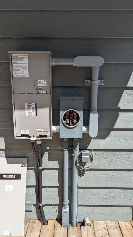 Exterior electrical meter and panel on a blue siding wall with conduit.