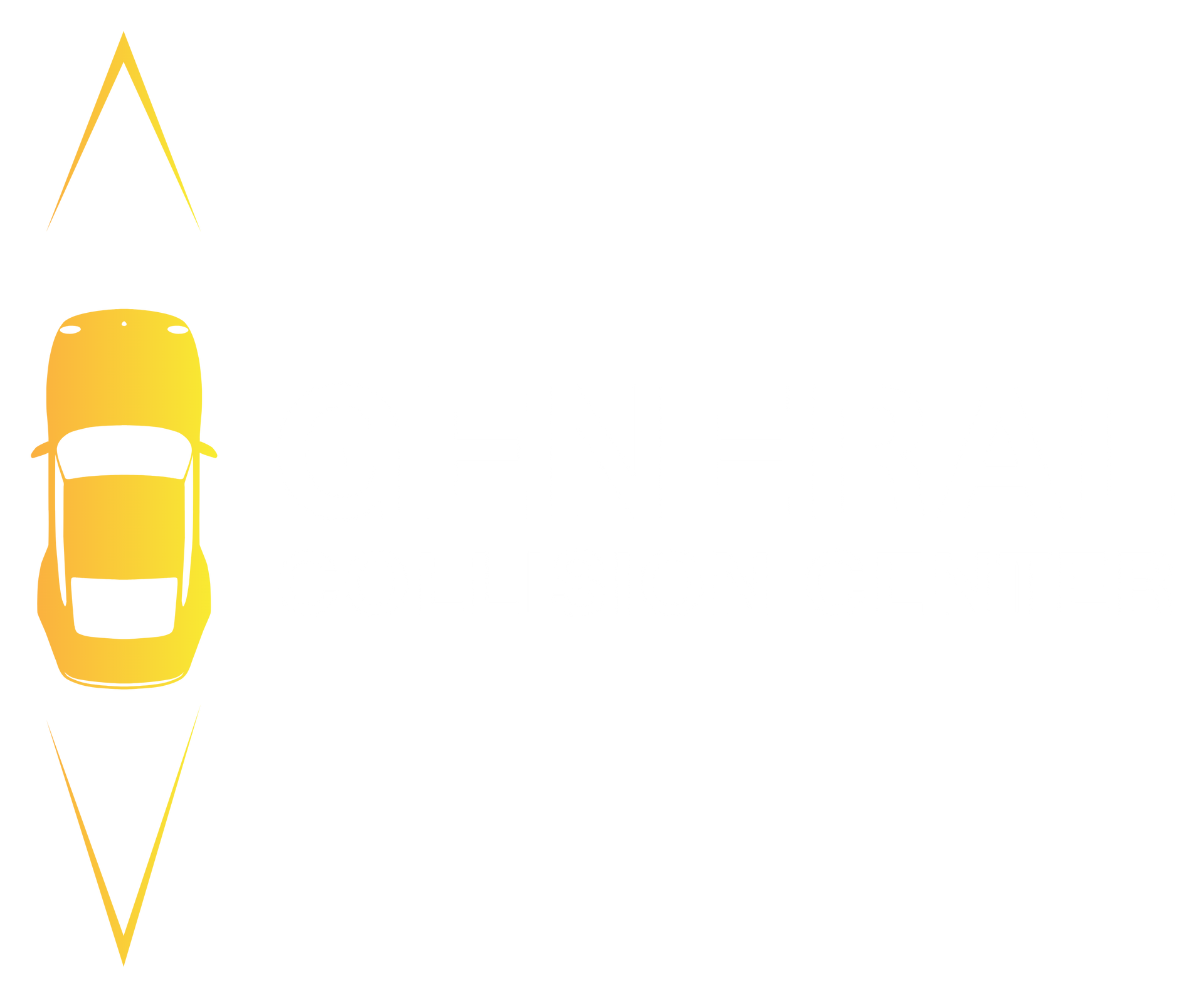 Yellow car driving up a road with two yellow triangles above and below.