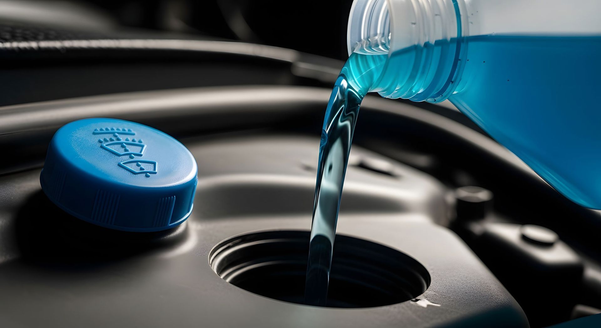 Blue windshield washer fluid being poured into a car reservoir.
