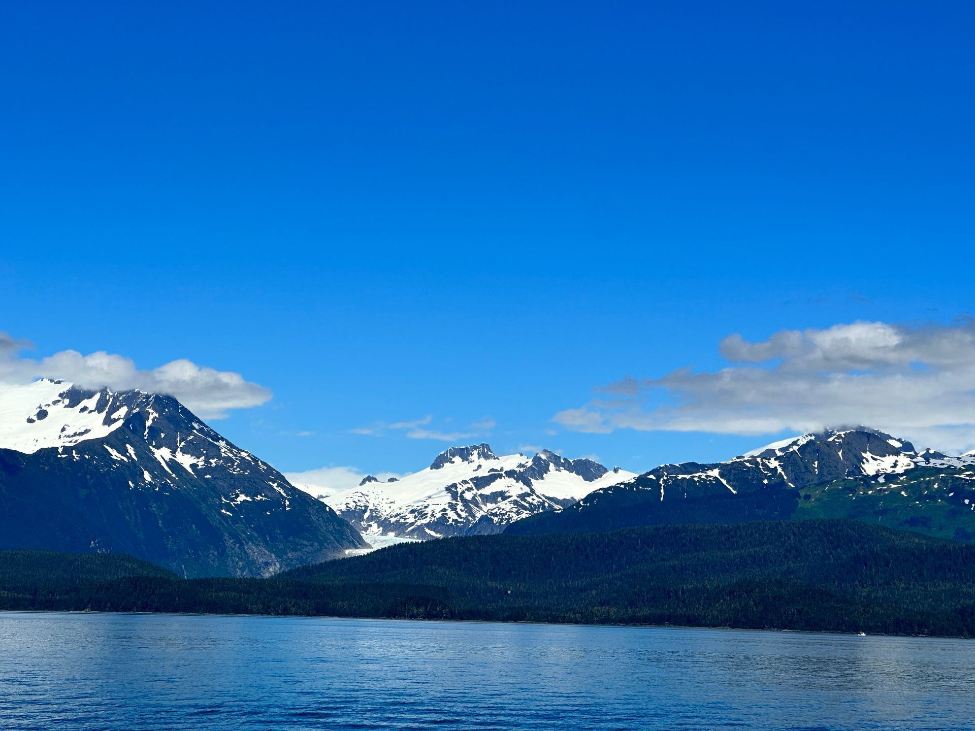 Snow-capped mountains rise above a dark forest and a calm blue body of water, under a bright blue sky.