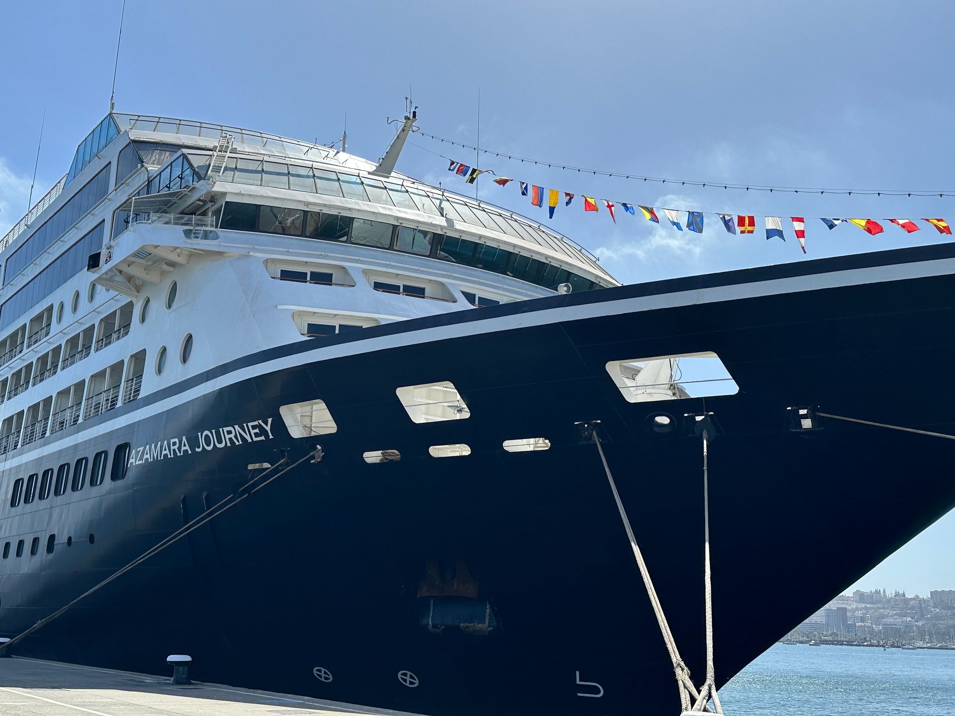 Cruise ship, MS Zaandam, docked with colorful flags, blue hull against a sunny sky.
