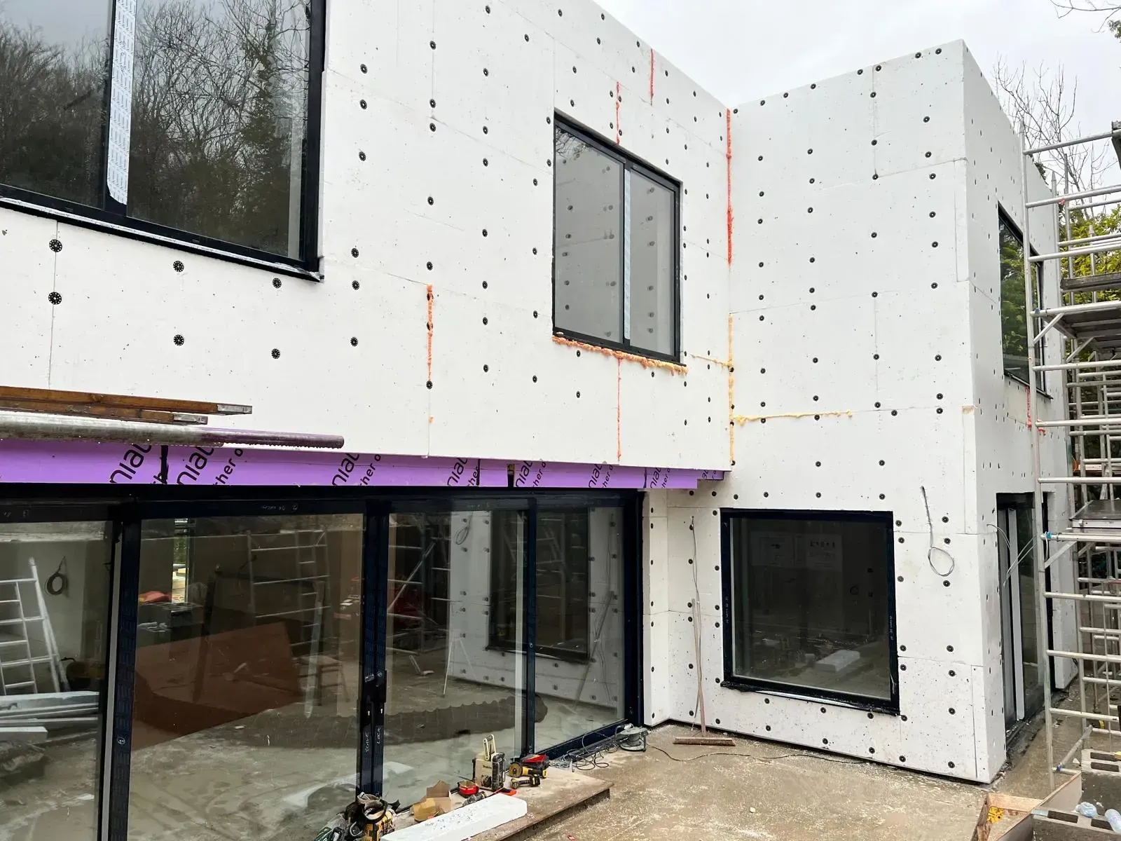 new build house with external wall insulation installed