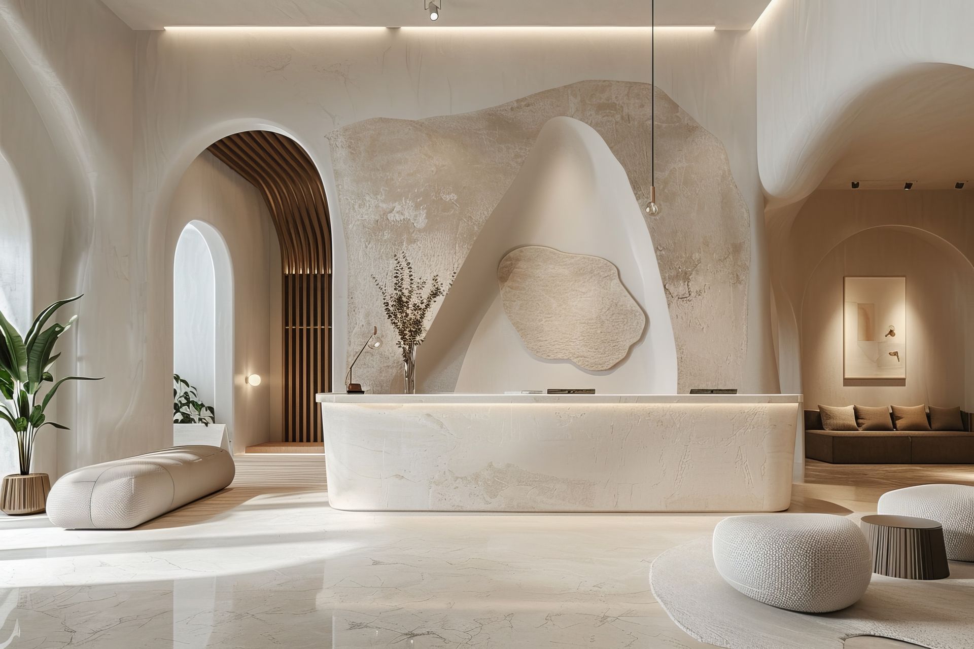 A reception area with a marble counter and a stone wall.
