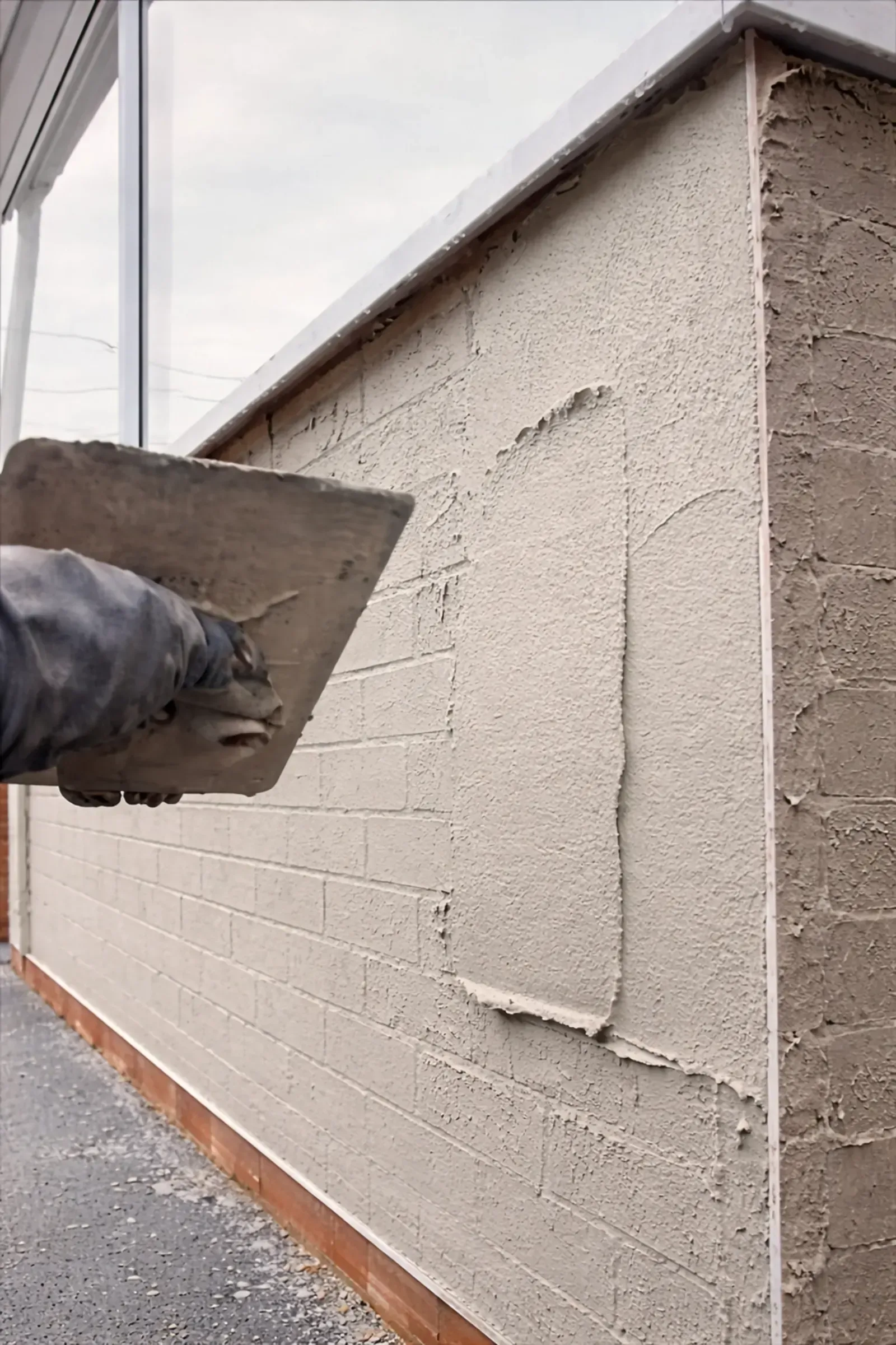 Person in white overalls applying plaster with a trowel to a wall, working near a bucket of plaster.