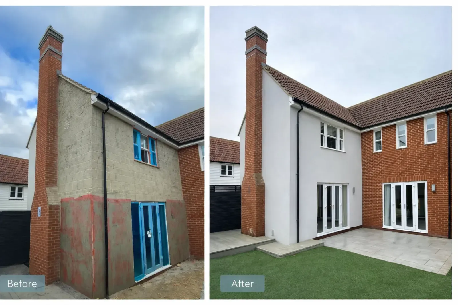 Before andf after Freshly rendered House exterior in Great Dunmow, Essex