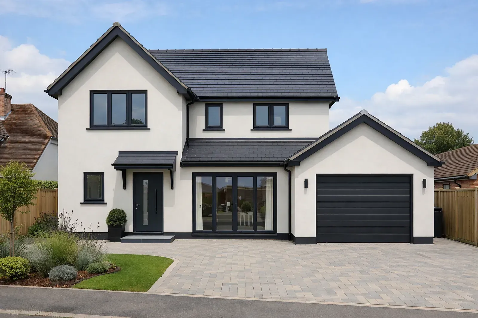 Monocouche rendered house in Essex with smooth white one-coat render finish